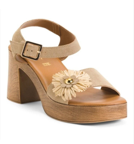 AVELLINI Sandal Sabbia Beige Flower Suede Women Heel Size 8 & 9 NEW